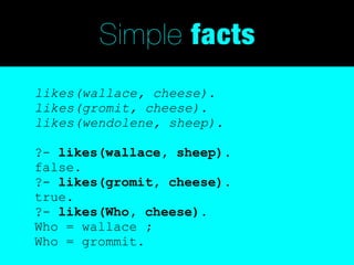 Simple facts
likes(wallace, cheese).
likes(gromit, cheese).
likes(wendolene, sheep).

?- likes(wallace, sheep).
false.
?- likes(gromit, cheese).
true.
?- likes(Who, cheese).
Who = wallace ;
Who = grommit.
 