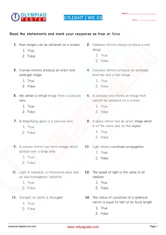 Class 7 Science Olympiad preparation Sample papers on Light Set 01