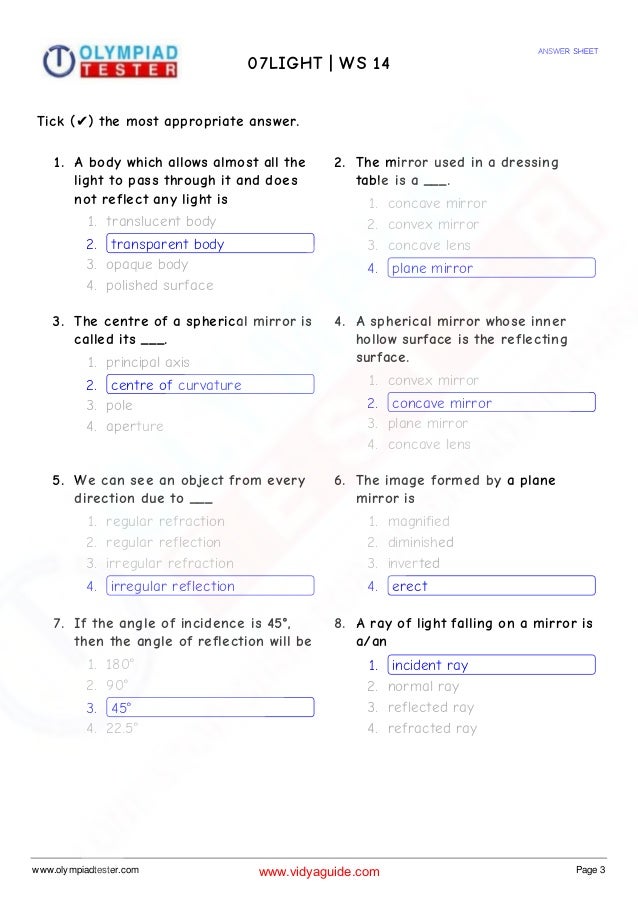 Class 7 Science Olympiad preparation Sample papers on Light Set 02