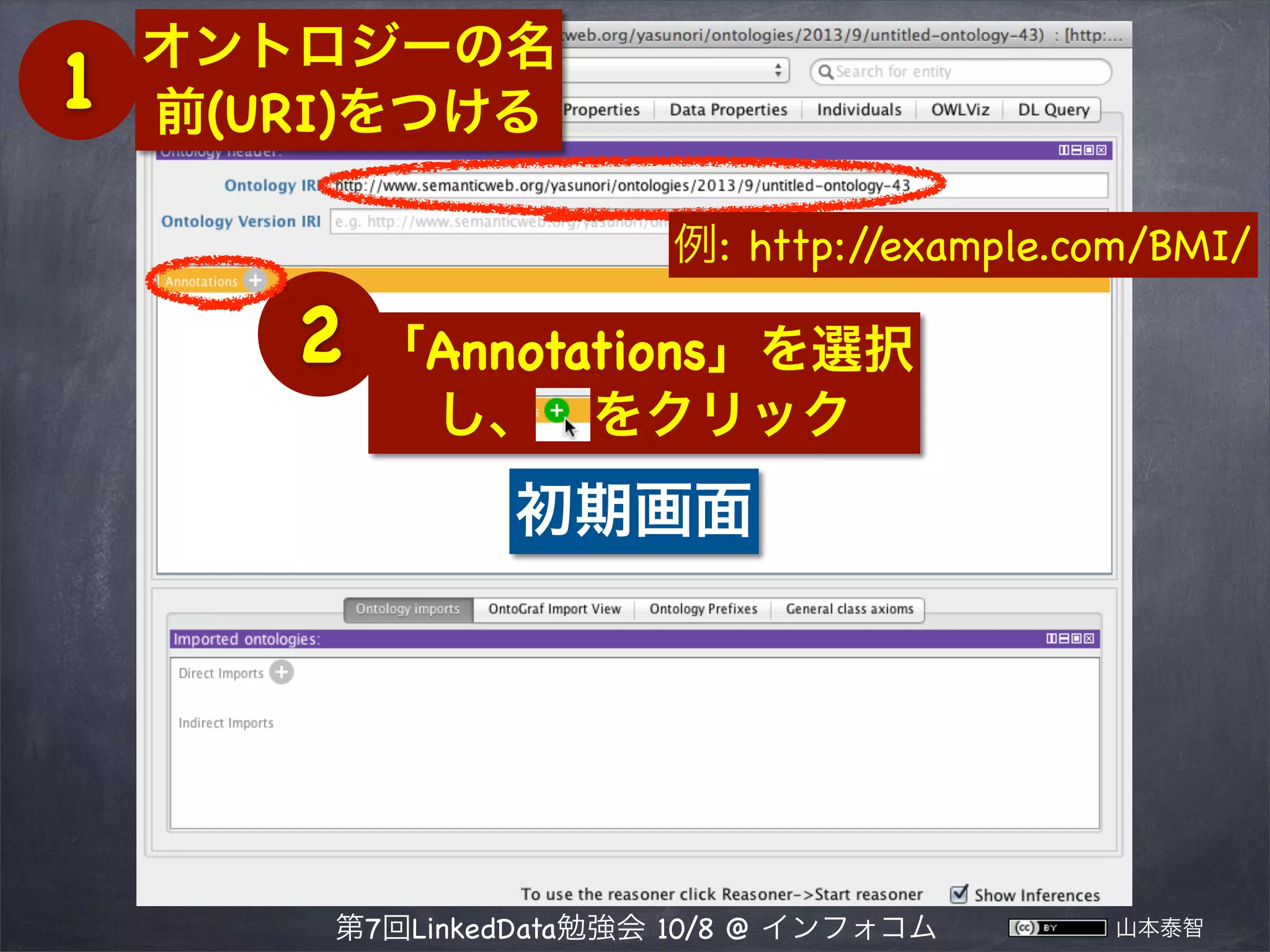 1

オントロジーの名
前(URI)をつける
例: http:/
/example.com/BMI/

2

「Annotations」を選択
し、＋をクリック

初期画面

第7回LinkedData勉強会 10/8 @ インフォコム

山本泰智

 