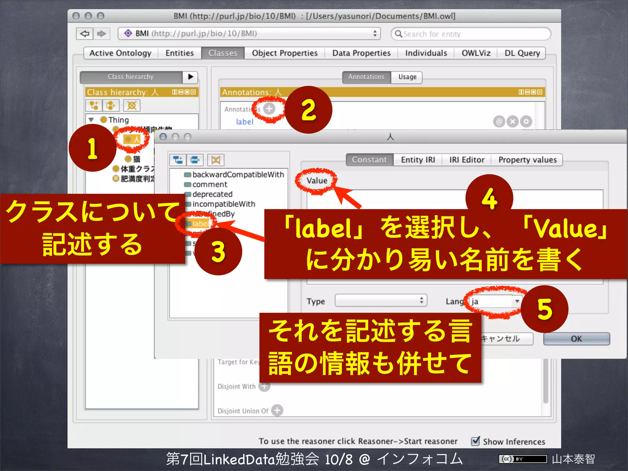 2
1
クラスについて
記述する

4

3

「label」を選択し、「Value」
に分かり易い名前を書く
それを記述する言
語の情報も併せて

第7回LinkedData勉強会 10/8 @ インフォコム

5

山本泰智

 