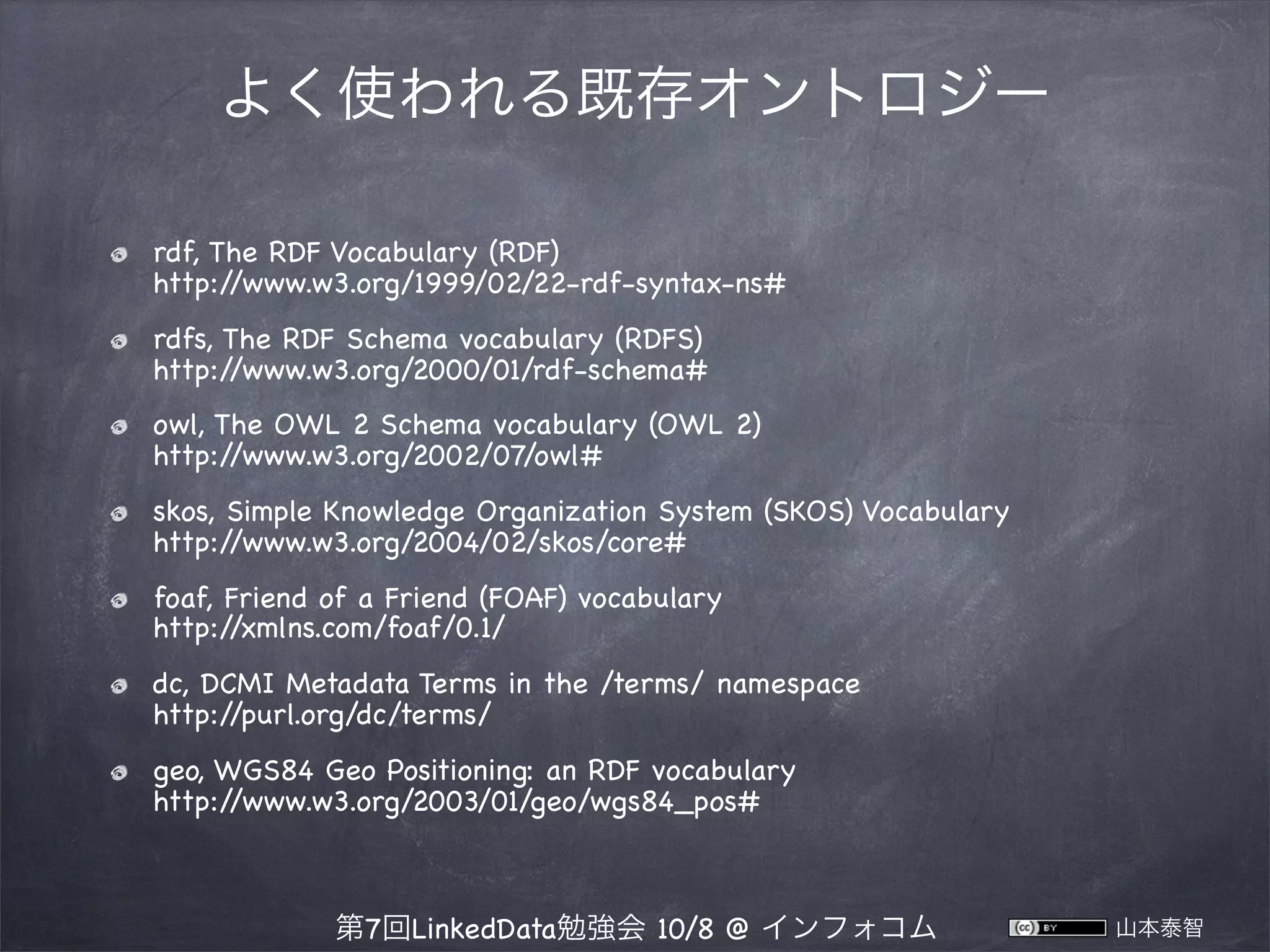 よく使われる既存オントロジー
rdf, The RDF Vocabulary (RDF)
http:/
/www.w3.org/1999/02/22-rdf-syntax-ns#
rdfs, The RDF Schema vocabulary (RDFS)
http:/
/www.w3.org/2000/01/rdf-schema#
owl, The OWL 2 Schema vocabulary (OWL 2)
http:/
/www.w3.org/2002/07/owl#
skos, Simple Knowledge Organization System (SKOS) Vocabulary
http:/
/www.w3.org/2004/02/skos/core#
foaf, Friend of a Friend (FOAF) vocabulary
http:/
/xmlns.com/foaf/0.1/
dc, DCMI Metadata Terms in the /terms/ namespace
http:/
/purl.org/dc/terms/
geo, WGS84 Geo Positioning: an RDF vocabulary
http:/
/www.w3.org/2003/01/geo/wgs84_pos#

第7回LinkedData勉強会 10/8 @ インフォコム

山本泰智

 
