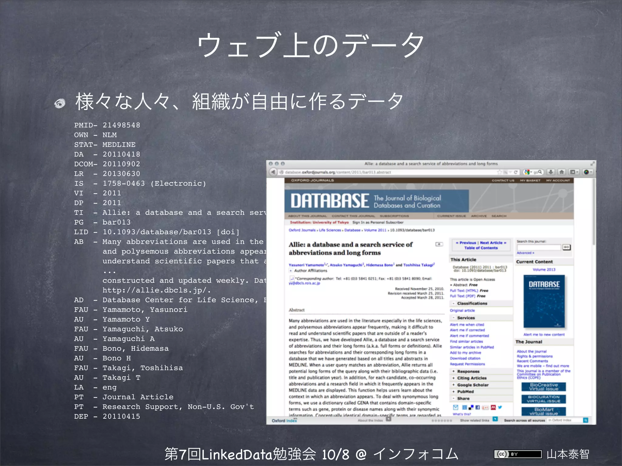 ウェブ上のデータ
様々な人々、組織が自由に作るデータ
PMIDOWN STATDA DCOMLR IS VI DP TI PG LID AB -

AD
FAU
AU
FAU
AU
FAU
AU
FAU
AU
LA
PT
PT
DEP

-

21498548
NLM
MEDLINE
20110418
20110902
20130630
1758-0463 (Electronic)
2011
2011
Allie: a database and a search service of abbreviations and long forms.
bar013
10.1093/database/bar013 [doi]
Many abbreviations are used in the literature especially in the life sciences,
and polysemous abbreviations appear frequently, making it difficult to read and
understand scientific papers that are outside of a reader's expertise. Thus, we
...
constructed and updated weekly. Database URL: The Allie service is available at
http://allie.dbcls.jp/.
Database Center for Life Science, Bunkyo-ku, Tokyo, Japan. yy@dbcls.rois.ac.jp
Yamamoto, Yasunori
Yamamoto Y
Yamaguchi, Atsuko
Yamaguchi A
Bono, Hidemasa
Bono H
Takagi, Toshihisa
Takagi T
eng
Journal Article
Research Support, Non-U.S. Gov't
20110415

第7回LinkedData勉強会 10/8 @ インフォコム

山本泰智

 