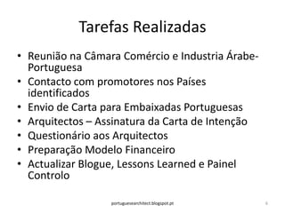 Tarefas Realizadas
• Reunião na Câmara Comércio e Industria Árabe-
  Portuguesa
• Contacto com promotores nos Países
  identificados
• Envio de Carta para Embaixadas Portuguesas
• Arquitectos – Assinatura da Carta de Intenção
• Questionário aos Arquitectos
• Preparação Modelo Financeiro
• Actualizar Blogue, Lessons Learned e Painel
  Controlo

                  portuguesearchitect.blogspot.pt   6
 