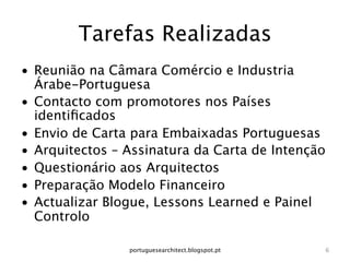 Tarefas Realizadas
•  Reunião na Câmara Comércio e Industria
   Árabe-Portuguesa
•  Contacto com promotores nos Países
   identiﬁcados
•  Envio de Carta para Embaixadas Portuguesas
•  Arquitectos – Assinatura da Carta de Intenção
•  Questionário aos Arquitectos
•  Preparação Modelo Financeiro
•  Actualizar Blogue, Lessons Learned e Painel
   Controlo

                 portuguesearchitect.blogspot.pt
   6
 