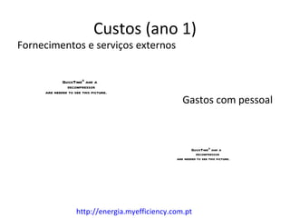 Custos (ano 1)
Fornecimentos e serviços externos


             QuickTimeª and a
               decompressor
     are needed to see this picture.
                                                    Gastos com pessoal



                                                         QuickTimeª and a
                                                           decompressor
                                                 are needed to see this picture.




                    http://energia.myefficiency.com.pt
 