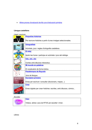 • Altres proves d’avaluació de 6è curs d’educació primària
Llengua castellana
Llegir i escriure
Pequeñas historias
Per escriure històries a partir d’unes imatges seleccionades.
Ortografíate
Activitats, jocs i regles d'ortografia castellana.
El reloj
Aprèn les hores i participa en activitats i jocs del rellotge.
Clic, clic, clic
Contes amb dibuixos interactius.
Mi mundo en palabras
El vocabulario de forma lúdica.
Pasatiempos de Rayuela
Jocs de llengua.
Escriptori primària
Eines per escriure i consultar (diccionaris, mapes...).
Crea
Eines digitals per crear històries: escrites, amb dibuixos, còmics...
Escoltar
Clan
Vídeos, sèries i jocs de RTVE per escoltar i mirar.
Llibres
4
 