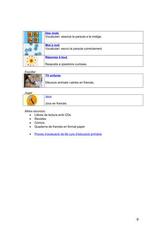 Des mots
Vocabulari: associa la paraula a la imatge.
Mot à mot
Vocabulari: escriu la paraula correctament.
Réponse à tout
Resposta a qüestions curioses.
Escoltar
TV enfants
Dibuixos animats i sèries en francès.
Jugar
Jeux
Jocs en francès.
Altres recursos:
• Llibres de lectura amb CDs
• Revistes
• Còmics
• Quaderns de francès en format paper
• Proves d’avaluació de 6è curs d’educació primària
9
 