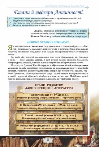 Мандруючи сторінками далеких епох
11
Антична художня література
Як ви пам’ятаєте, античною (від латинського слова antiques — «дав-
ній») називають культуру давніх греків і римлян. Вона подарувала
людству величезну спадщину, яка плідно використовувалась у наступні
епохи.
За часів Античності розвивалися три роди літератури, які існують
і нині, — епос, лірика, драма. У  цей період також виникла більшість
літературних жанрів, чимало з яких витримали випробування часом.
Література Давньої Греції виросла з міфів — оповідей, які передають
уявлення давніх людей про походження та влаштування світу, про богів
і героїв. Знаючи з раннього дитинства історії про мужнього Геракла, гор-
дого Прометея, цілеспрямованого Ікара, давні автори використовували
у своїй творчості міфологічні образи, сюжети, мотиви. Найбільш ранні
жанри давньогрецької літератури відносять до героїчного епосу.
Людина, обізнана з античною літературою, ширше
дивиться на світ, перед нею розкриваються нові обрії.
Галина Підлісна, українська дослідниця літератури
 Пригадайте, що ви знаєте про добу Античності з уроків всесвітньої історії,
        зарубіжної літератури, художньої культури.
 Чому античну культуру називають «колискою європейської культури»?
 Які твори античної літератури ви читали?
Етапи й шедеври Античності
 