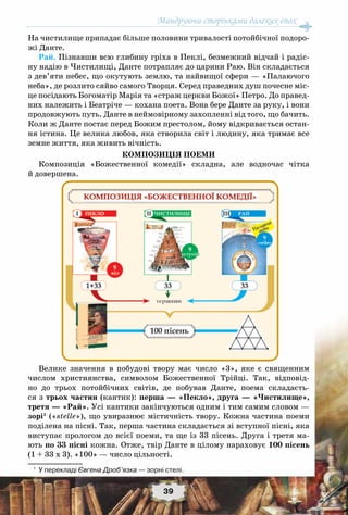 Мандруючи сторінками далеких епох
39
На чистилище припадає більше половини тривалості потойбічної подоро-
жі Данте.
Рай. Пізнавши всю глибину гріха в Пеклі, безмежний відчай і радіс-
ну надію в Чистилищі, Данте потрапляє до царини Раю. Він складається
з дев’яти небес, що окутують землю, та найвищої сфери — «Палаючого
неба», де розлито сяйво самого Творця. Серед праведних душ почесне міс-
це посідають Богоматір Марія та «страж церкви Божої» Петро. До правед-
них належить і Беатріче — кохана поета. Вона бере Данте за руку, і вони
продовжують путь. Данте в неймовірному захопленні від того, що бачить.
Коли ж Данте постає перед Божим престолом, йому відкривається остан-
ня істина. Це велика любов, яка створила світ і людину, яка тримає все
земне життя, яка живить вічність.
Композиція поеми
Композиція «Божественної комедії» складна, але водночас чітка
й довершена.
Велике значення в побудові твору має число «3», яке є священним
числом християнства, символом Божественної Трійці. Так, відповід-
но до трьох потойбічних світів, де побував Данте, поема складаєть-
ся з трьох частин (кантик): перша — «Пекло», друга — «Чистилище»,
третя — «Рай». Усі кантики закінчуються одним і тим самим словом —
зорі1
(«stelle»), що увиразнює містичність твору. Кожна частина поеми
поділена на пісні. Так, перша частина складається зі вступної пісні, яка
виступає прологом до всієї поеми, та ще із 33 пісень. Друга і третя ма-
ють по 33 пісні кожна. Отже, твір Данте в цілому нараховує 100 пісень
(1 + 33 х 3). «100» — число цільності.
1
	 У перекладі Євгена Дроб’язка — зорні стелі.
 