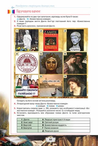 Мандруючи сторінками далеких епох
52
	1.	Сформулюйте по два-три запитання, відповідь на які була б такою:
		 а) Данте;   б) «Божественна комедія».
	2.	З яким періодом життя Данте Аліґ’єрі пов’язаний його твір «Божественна	
комедія»?
	3.	Розв’яжіть кроссенс, присвячений Данте.
		Складіть на його основі зв’язну розповідь.
	4.	Літературний жанр твору Данте «Божественна комедія»
				 	      А комедія    Б поема    В роман
	5.	Користуючись схемою (див. с. 39), розкажіть про особливості композиції «Бо-
жественної комедії». Розкрийте значення числа «3» в побудові твору.
	6.	Установіть відповідність між образами поеми Данте та їхнім алегоричним	
змістом.
1 Данте А  Людські пристрасті й вади
2 Хижі звірі Б Світлий розум
3 Вергілій В Божественна мудрість
4  Беатріче Г Палке кохання
Д Людська душа
Пiдсумовуc-мо вивчене
1
4
7
5
8
3
9
6
2
abba abba cdc cdc
Vergilius
 