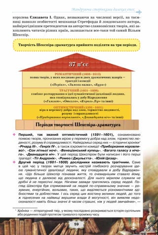 Мандруючи сторінками далеких епох
59
королева Єлизавета І. Однак, незважаючи на численні версії, на таєм-
ниці навколо особистості мешканця Стретфорда й лондонського актора,
найвірогіднішим претендентом на авторство славнозвісних творів, які за-
хоплюють читачів різних країн, залишається все-таки той самий Вільям
Шекспір.
Творчість Шекспіра-драматурга прийнято поділяти на три періоди.
™™ Перший, так званий оптимістичний (1591–1601), ознаменовано	
появою творів, пронизаних вірою у перемогу добра над злом, торжество лю-
дяності, розуму й справедливості. Найвідоміші серед них — історичні хроніки1
	
«Річард ІІІ», «Генріх ІV», а такoж іскрометні комедії «Приборкання норовли-
вої», «Сон літньої ночі», «Венеціанський купець», «Багато галасу з нічо-
го», «Дванадцята ніч». У цей період Шекспіром були написані і його перші
трагедії: «Тіт Андронік», «Ромео і Джульєтта», «Юлій Цезар».
™™ Другий період (1601–1608) дослідники називають трагічним. Саме
в цей час у творах митця звучить настрій глибокого розчарування іде-
єю гуманістичної ідеалізації людини, яку сповідували в добу Відроджен-
ня. «Що більше Шекспір пізнавав життя, то очевиднішим ставало йому,
що людина є далекою від досконалості. Для нього мірилом служили не
дрібні й не пересічні люди. Нікчеми завжди траплялись серед людей. По-
гляд Шекспіра був спрямований на людей по-справжньому значних  — ро-
зумних, енергійних, вольових, таких, що виділяються різноманітними зді-
бностями та доблестями. І ось серед цих воістину великих людей, до того
ж піднесених на найвищі вершини влади й могутності, він виявляв недо-
сконалості навіть більш значні й часом страшні, ніж у людей звичайних», —	
1
	 Хроніка — літературний твір, у якому послідовно розкривається історія суспільних
або родинних подій протягом тривалого проміжку часу.
 