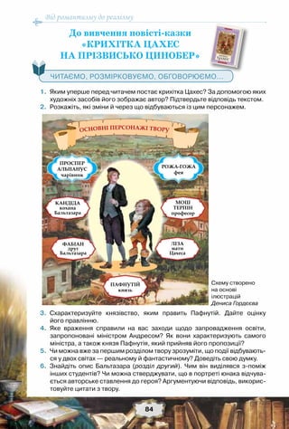 Від романтизму до реалізму
84
До вивчення повісті-казки
«КРИХІТКА ЦАХЕС
НА ПРІЗВИСЬКО ЦИНОБЕР»
   Читаємо, розмірковуємо, обговорюємо...
	1.	 Яким уперше перед читачем постає крихітка Цахес? За допомогою яких
художніх засобів його зображає автор? Підтвердьте відповідь текстом.
	2.	 Розкажіть, які зміни й через що відбуваються із цим персонажем.
	3.	 Схарактеризуйте князівство, яким править Пафнутій. Дайте оцінку	
його правлінню.
	4.	 Яке враження справили на вас заходи щодо запровадження освіти,	
запропоновані міністром Андресом? Як вони характеризують самого
міністра, а також князя Пафнутія, який прийняв його пропозиції?
	5.	 Чи можна вже за першим розділом твору зрозуміти, що події відбувають-
ся у двох світах — реальному й фантастичному? Доведіть свою думку.
	6.	 Знайдіть опис Бальтазара (розділ другий). Чим він виділявся з-поміж
інших студентів? Чи можна стверджувати, що в портреті юнака відчува-
ється авторське ставлення до героя? Аргументуючи відповідь, викорис-
товуйте цитати з твору.
Схему створено
на основі
ілюстрацій
Дениса Гордєєва
 