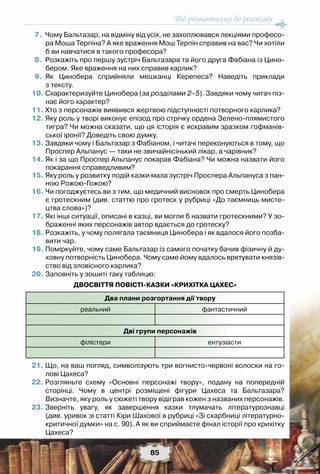 Від романтизму до реалізму
85
	7.	 Чому Бальтазар, на відміну від усіх, не захоплювався лекціями професо-
ра Моша Терпіна? А яке враження Мош Терпін справив на вас? Чи хотіли
б ви навчатися в такого професора?
	8.	 Розкажіть про першу зустріч Бальтазара та його друга Фабіана із Цино-
бером. Яке враження на них справив карлик?
	9.	 Як Цинобера сприйняли мешканці Керепеса? Наведіть приклади	
з тексту.
	10.	Схарактеризуйте Цинобера (за розділами 2–5). Завдяки чому читач піз-
нає його характер?
	11.	Хто з персонажів виявився жертвою підступності потворного карлика?
	12.	Яку роль у творі виконує епізод про стрічку ордена Зелено-плямистого
тигра? Чи можна сказати, що ця історія є яскравим зразком гофманів-
ської іронії? Доведіть свою думку.
	13.	Завдяки чому і Бальтазар з Фабіаном, і читачі переконуються в тому, що  
Проспер Альпанус — таки не звичайнісінький лікар, а чарівник?
	14.	Як і за що Проспер Альпанус покарав Фабіана? Чи можна назвати його
покарання справедливим?
	15.	Яку роль у розвитку подій казки мала зустріч Проспера Альпануса з пан-
ною Рожою-Гожою?
	16.	Чи погоджуєтесь ви з тим, що медичний висновок про смерть Цинобера
є гротескним (див. статтю про гротеск у рубриці «До таємниць мисте-
цтва слова»)?
	17.	Які інші ситуації, описані в казці, ви могли б назвати гротескними? У зо-
браженні яких персонажів автор вдається до гротеску?
	18.	Розкажіть, у чому полягала таємниця Цинобера і як вдалося його позба-
вити чар.
	19.	Поміркуйте, чому саме Бальтазар із самого початку бачив фізичну й ду-
ховну потворність Цинобера. Чому саме йому вдалось врятувати князів-
ство від зловісного карлика?
	20.	Заповніть у зошиті таку таблицю:
Двосвіття повісті-казки «Крихітка Цахес»
Два плани розгортання дії твору
реальний фантастичний
Дві групи персонажів
філістери ентузіасти
	21.	Що, на ваш погляд, символізують три вогнисто-червоні волоски на го-
лові Цахеса?
	22.	Розгляньте схему «Основні персонажі твору», подану на попередній	
сторінці. Чому в центрі розміщені фігури Цахеса та Бальтазара?	
Визначте, яку роль у сюжеті твору відіграв кожен з названих персонажів.
	23.	Зверніть увагу, як завершення казки тлумачать літературознавці	
(див. уривок зі статті Кіри Шахової в рубриці «Зі скарбниці літературно-	
критичної думки» на с. 90). А як ви сприймаєте фінал історії про крихітку
Цахеса?
 