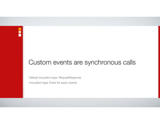 Custom events are synchronous calls
Default invocation-type: RequestResponse
invocation-type: Event for async events
 