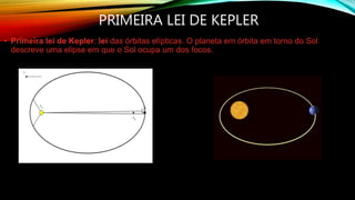 PRIMEIRA LEI DE KEPLER
• Primeira lei de Kepler: lei das órbitas elípticas. O planeta em órbita em torno do Sol
descreve uma elipse em que o Sol ocupa um dos focos.
 