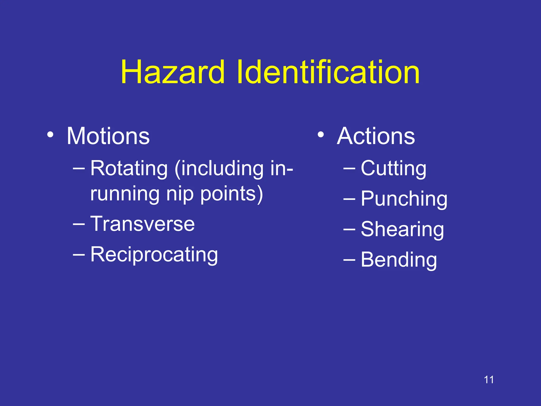 11
Hazard Identification
• Motions
– Rotating (including in-
running nip points)
– Transverse
– Reciprocating
• Actions
– Cutting
– Punching
– Shearing
– Bending
 