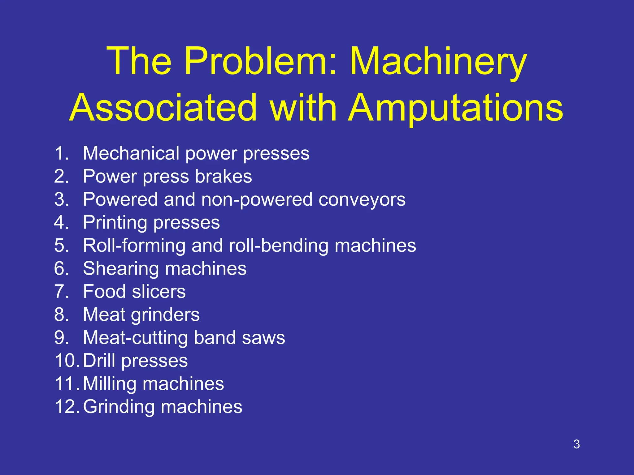 3
The Problem: Machinery
Associated with Amputations
1. Mechanical power presses
2. Power press brakes
3. Powered and non-powered conveyors
4. Printing presses
5. Roll-forming and roll-bending machines
6. Shearing machines
7. Food slicers
8. Meat grinders
9. Meat-cutting band saws
10.Drill presses
11.Milling machines
12.Grinding machines
 