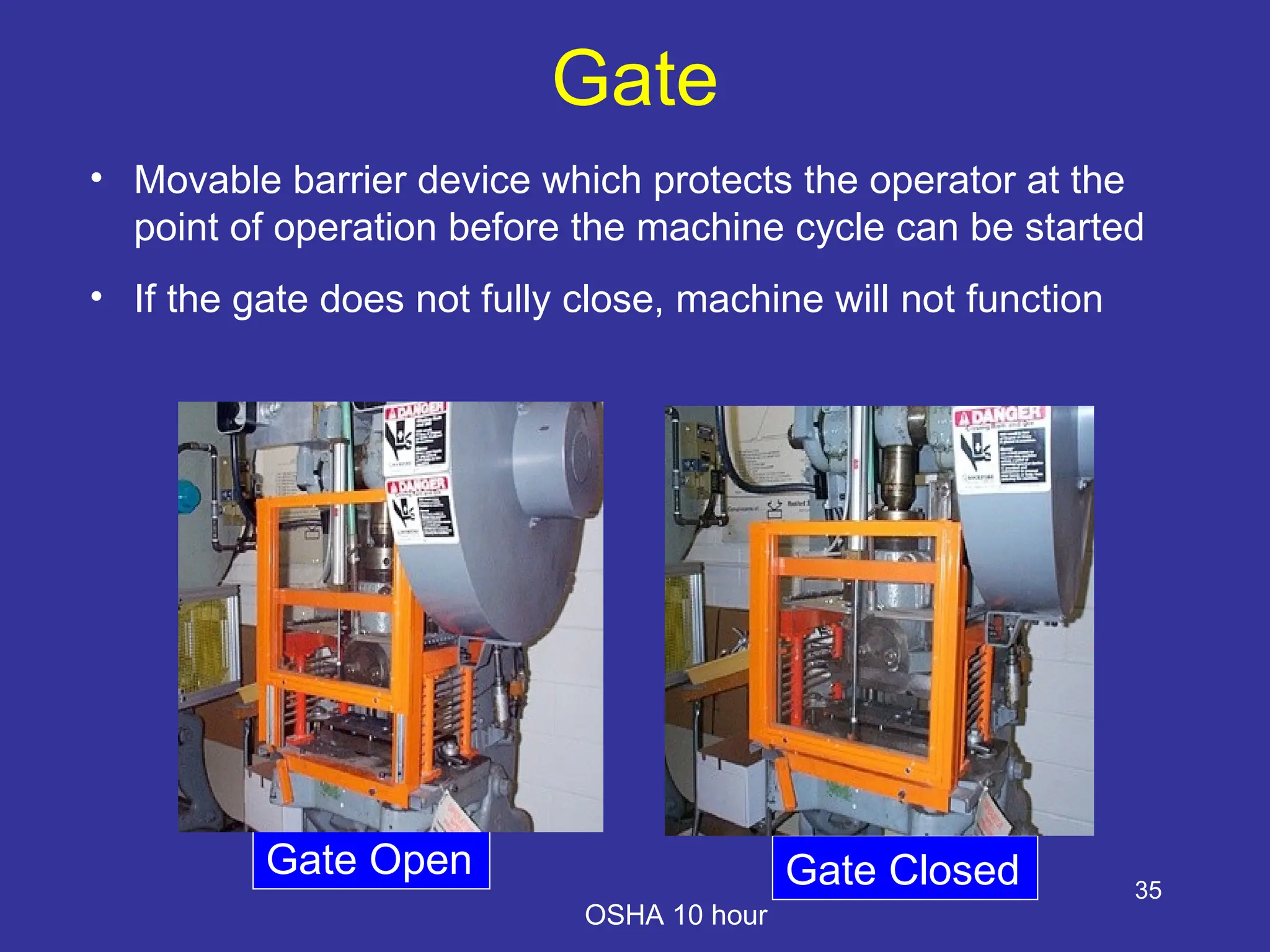 35
Gate
• Movable barrier device which protects the operator at the
point of operation before the machine cycle can be started
• If the gate does not fully close, machine will not function
Gate Open Gate Closed
OSHA 10 hour
 
