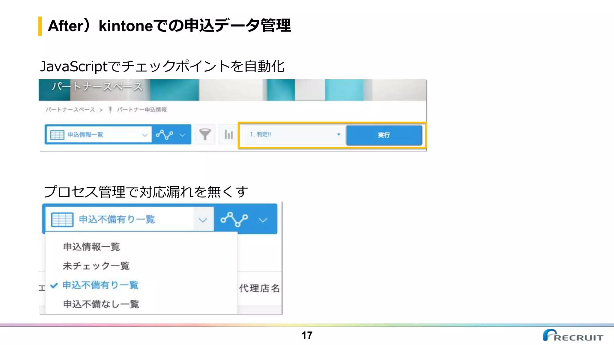 After）kintoneでの申込データ管理
17
JavaScriptでチェックポイントを自動化
プロセス管理で対応漏れを無くす
 