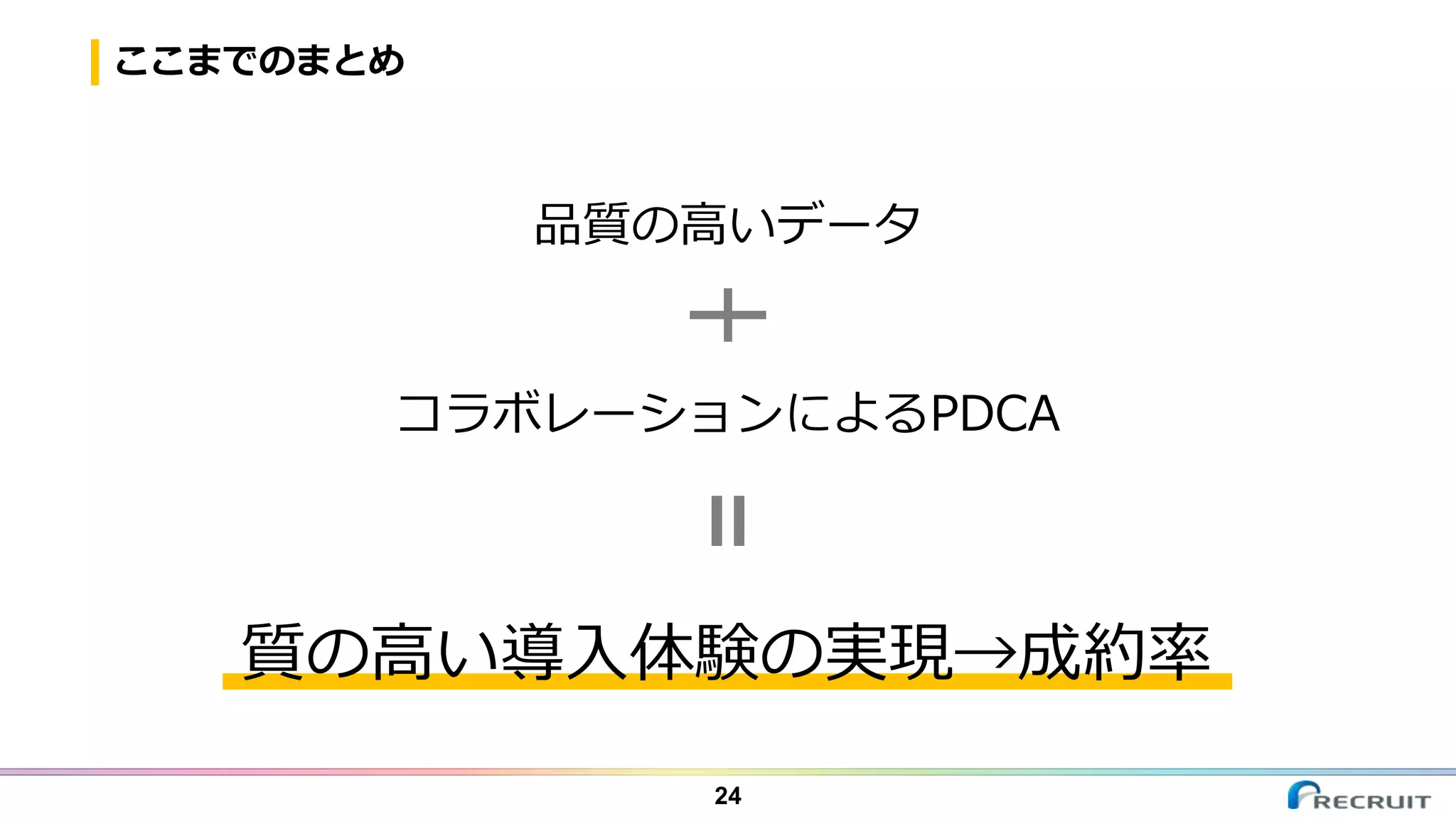 ここまでのまとめ
24
品質の高いデータ
コラボレーションによるPDCA
質の高い導入体験の実現→成約率
 