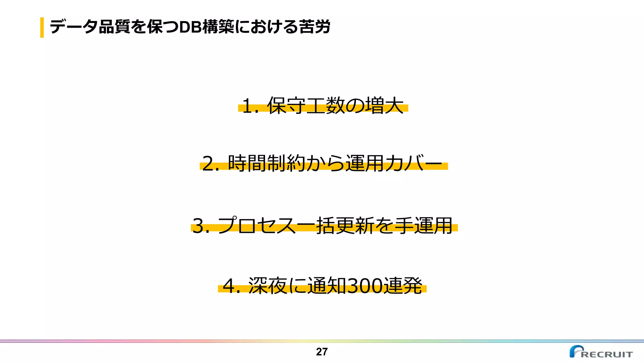 データ品質を保つDB構築における苦労
27
1. 保守工数の増大
2. 時間制約から運用カバー
3. プロセス一括更新を手運用
4. 深夜に通知300連発
 