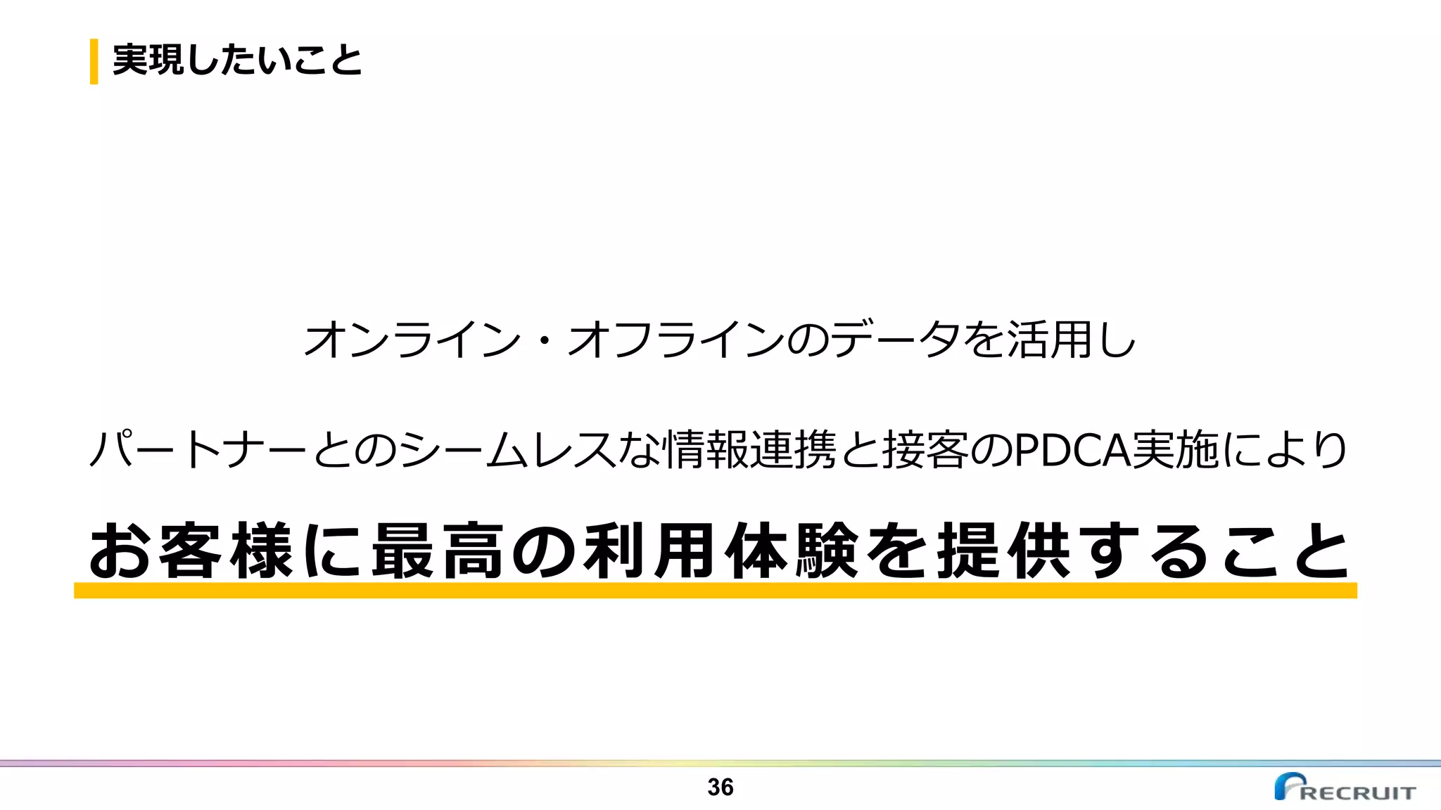実現したいこと
36
オンライン・オフラインのデータを活用し
パートナーとのシームレスな情報連携と接客のPDCA実施により
お客様に最高の利用体験を提供すること
 