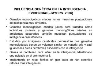INFLUENCIA GENÉTICA EN LA INTELIGENCIA .
EVIDENCIAS - MYERS 2006)
• Gemelos monocigóticos criados juntos muestran puntuaciones
de inteligencia muy similares.
• Gemelos monocigóticos criados juntos pero tratados como
individuos distintos y gemelos monocigóticos criados en
ambientes separados también muestran puntuaciones de
inteligencia casi idénticas.
• Estudios por imágenes cerebrales demuestran que gemelos
monocigóticos tienen un volumen similar en materia gris y casi
igual en las áreas cerebrales asociadas con la inteligencia.
• Genes se combinan para influir en la inteligencia. Identificado
uno ubicado en el cromosoma 6.
• Implantando en ratas fértiles un gen extra se han obtenido
ratones más inteligentes
 