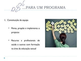 … PARA UM PROGRAMA Constituição da equipa Pensa, propõe e implementa o projecto Recurso a profissionais de saúde e outros com formação na área da educação sexual 