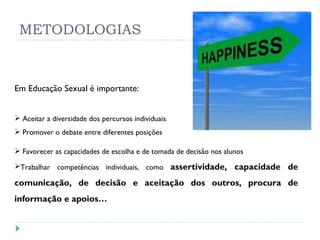 METODOLOGIAS Favorecer as capacidades de escolha e de tomada de decisão nos alunos Trabalhar competências individuais, como  assertividade, capacidade de comunicação, de decisão e aceitação dos outros, procura de informação e apoios… Em Educação Sexual é importante: Aceitar a diversidade dos percursos individuais Promover o debate entre diferentes posições 