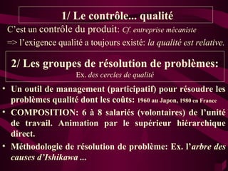 1/ Le contrôle... qualité
 C’est un contrôle du produit: Cf. entreprise mécaniste
 => l’exigence qualité a toujours existé: la qualité est relative.

  2/ Les groupes de résolution de problèmes:
                     Ex. des cercles de qualité
• Un outil de management (participatif) pour résoudre les
  problèmes qualité dont les coûts: 1960 au Japon, 1980 en France
• COMPOSITION: 6 à 8 salariés (volontaires) de l’unité
  de travail. Animation par le supérieur hiérarchique
  direct.
• Méthodologie de résolution de problème: Ex. l’arbre des
  causes d’Ishikawa ...
 