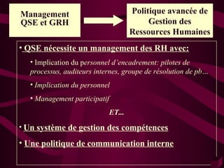 Management                         Politique avancée de
QSE et GRH                              Gestion des
                                   Ressources Humaines
• QSE nécessite un management des RH avec:
  • Implication du personnel d’encadrement: pilotes de
  processus, auditeurs internes, groupe de résolution de pb…
  • Implication du personnel
  • Management participatif
                           ET...
• Un système de gestion des compétences

• Une politique de communication interne
 