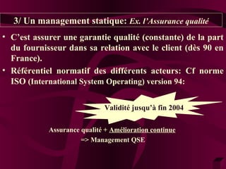 3/ Un management statique: Ex. l’Assurance qualité 
• C’est assurer une garantie qualité (constante) de la part 
du fournisseur dans sa relation avec le client (dès 90 en 
France). 
• Référentiel normatif des différents acteurs: Cf norme 
ISO (International System Operating) version 94: 
ValiVdaitléid jiutés qfiun’ à2 0f0in3 2004 
Assurance qualité + Amélioration continue 
=> Management QSE 
 