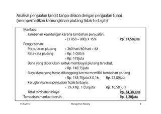 AnalisisAnalisis penjualanpenjualan kreditkredit tanpatanpa diskondiskon dengandengan penjualanpenjualan tunaitunai
((memperhatikanmemperhatikan kemungkinankemungkinan piutangpiutang tidaktidak tertagihtertagih))
Manfaat:
Tambahan keuntungan karena tambahan penjualan,
= (1.050 – 800) X 15% Rp. 37,50juta
Pengorbanan:
Perputaran piutang = 360 hari/60 hari = 6X
Rata-rata piutang = Rp. 1.050/6
= Rp. 175juta
Dana yang diperlukan untuk membiayai piutang tersebut,
= Rp. 148,75juta
Biaya dana yang harus ditanggung karena memiliki tambahan piutang
= Rp. 148,75juta X 0,16 Rp. 23,80juta
Kerugian karena penjualan tidak terbayar,
= 1% X Rp. 1.050juta Rp. 10,50 juta
Total tambahan biaya Rp. 34,30 juta
Tambahan manfaat bersih Rp. 3,20juta
11/5/2015 Manajemen Piutang 8
 