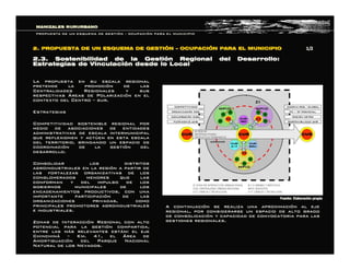 La propuesta en su escala regionalLa propuesta en su escala regional
pretende la promocipretende la promocióón de lasn de las
Centralidades Regionales y susCentralidades Regionales y sus
respectivasrespectivas ÁÁreas de Polarizacireas de Polarizacióón en eln en el
contexto del Centrocontexto del Centro –– sur.sur.
EstrategiasEstrategias
Competitividad sostenible regional porCompetitividad sostenible regional por
medio de asociaciones de entidadesmedio de asociaciones de entidades
administrativas de escala intermunicipaladministrativas de escala intermunicipal
que reflexionen y actque reflexionen y actúúen en esta escalaen en esta escala
del territorio, brindando un espacio dedel territorio, brindando un espacio de
coordinacicoordinacióón de la gestin de la gestióón deln del
desarrollo.desarrollo.
Consolidar los distritosConsolidar los distritos
agroindustriales en la regiagroindustriales en la regióón a partir den a partir de
las fortalezas organizativas de loslas fortalezas organizativas de los
conglomerados menores que lasconglomerados menores que las
conforman y del impulso de losconforman y del impulso de los
gobiernos municipales de losgobiernos municipales de los
encadenamientos productivos, con unaencadenamientos productivos, con una
importante participaciimportante participacióón de lasn de las
organizaciones privadas, comoorganizaciones privadas, como
principales promotores agroindustrialesprincipales promotores agroindustriales
e industriales.e industriales.
Zonas de InteracciZonas de Interaccióón Regional con alton Regional con alto
potencial para la gestipotencial para la gestióón compartida,n compartida,
entre las mentre las máás relevantes ests relevantes estáán: el ejen: el eje
ChinchinChinchináá –– Km. 41, elKm. 41, el ÁÁrea derea de
AmortiguaciAmortiguacióón del Parque Nacionaln del Parque Nacional
Natural de los Nevados.Natural de los Nevados.
MANIZALES RURURBANOMANIZALES RURURBANO
PROPUESTA DE UN ESQUEMA DE GESTIPROPUESTA DE UN ESQUEMA DE GESTIÓÓNN –– OCUPACIOCUPACIÓÓN PARA EL MUNICIPION PARA EL MUNICIPIO
2.3. Sostenibilidad de la Gesti2.3. Sostenibilidad de la Gestióón Regional del Desarrollo:n Regional del Desarrollo:
Estrategias de VinculaciEstrategias de Vinculacióón desde lo Localn desde lo Local
2. PROPUESTA DE UN ESQUEMA DE GESTI2. PROPUESTA DE UN ESQUEMA DE GESTIÓÓNN –– OCUPACIOCUPACIÓÓN PARA EL MUNICIPION PARA EL MUNICIPIO
A continuaciA continuacióón se realiza una aproximacin se realiza una aproximacióón al ejen al eje
regional, por considerarse un espacio de alto gradoregional, por considerarse un espacio de alto grado
de consolidacide consolidacióón y capacidad de convocatoria para lasn y capacidad de convocatoria para las
gestiones regionales.gestiones regionales. 
1/2 1/2 
Fuente: Elaboraci Fuente: Elaboració ón propia n propia
 