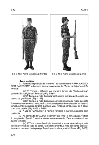 3-12                                                                       C 22-5




 Fig 3-163. Arma Suspensa (frente)          Fig 3-164. Arma Suspensa (perfil)


       n. Arma na Mão
          (1) Partindo da posição de “Sentido”, ao comando de “ARMA NA MÃO,
SEM CADÊNCIA!”, o homem fará o movimento de “Arma na Mão” em três
tempos:
              (a) 1º Tempo - idêntico ao primeiro tempo de “Ombro-Arma”,
partindo da posição de “Sentido”; (Fig 3-165)
              (b) 2º Tempo - a mão direita largará a arma e virá segurá-la pelo seu
centro de gravidade; (Fig 3-166)
              (c) 3º Tempo - a mão direita dará um giro na arma de modo que esta
fique sensivelmente na horizontal, com o cano ligeiramente elevado; ao mesmo
tempo, a mão esquerda largará a arma e virá, rente ao corpo, colar-se à coxa,
com uma batida. (Fig 3-167 e 3-168)
          (2) À voz de “MARCHE!”, o homem romperá a marcha, no passo sem
cadência.
          (3) Ao comando de “ALTO!” o homem fará “Alto” e, em seguida, voltará
à posição de “Sentido”, realizando os movimentos de “Descansar-Arma” em
quatro tempos:
              (a) 1º Tempo - a mão direita levantará a arma, de modo que esta
fique na vertical ao lado do corpo. Simultaneamente, a mão esquerda segurar-
la-á de modo que o dedo polegar fique tocando a braçadeira inferior. (Fig 3-169)


3-62
 