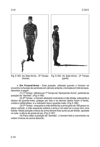 3-12                                                                   C 22-5




Fig 3-183. Ao Solo-Arma - 2º Tempo      Fig 3-184. Ao Solo-Arma - 2º Tempo
           (frente)                                (perfil)


      r. Em Funeral-Arma - Esta posição, utilizada quando o homem se
encontra na função de sentinela em câmara ardente, é tomada em três tempos,
descritos a seguir:
         (1) 1º Tempo - idêntico ao 1º Tempo de “Apresentar-Arma”, partindo da
posição de “Sentido”; (Fig 3-185)
         (2) 2º Tempo - o homem abaixará vivamente a mão direita, colocando-a
abaixo do guarda-mato, polegar por trás e os demais dedos ficam à frente,
unidos e distendidos, e o indicador toca o guarda-mato; (Fig 3-186)
         (3) 3º Tempo - enquanto a mão direita faz a arma girar de 180 graus no
plano vertical, a mão esquerda soltará a arma e irá colar-se à coxa com uma
batida. Nesta posição a boca da arma deverá ficar junto ao pé direito, apoiada
no solo, à altura da ponta do pé; (Fig 3-187)
         (4) Para voltar à posição de “Sentido”, o homem fará o movimento na
ordem inversa do acima descrito.




3-70
 