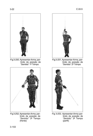 3-22                                                        C 22-5




Fig 3-250. Apresentar-Arma, par-   Fig 3-251. Apresentar-Arma, par-
           tindo da posição de                tindo da posição de
           “Sentido” 1º Tempo                 “Sentido” 2º Tempo




Fig 3-252. Apresentar-Arma, par-   Fig 3-253. Apresentar-Arma par-
           tindo da posição de                tindo da posição de
           “Sentido” 3º Tempo                 “Sentido” 3º Tempo
           (frente)                           (perfil)

3-102
 