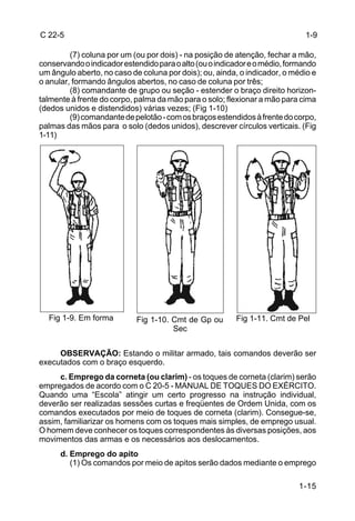 C 22-5                                                                       1-9

         (7) coluna por um (ou por dois) - na posição de atenção, fechar a mão,
conservando o indicador estendido para o alto (ou o indicador e o médio, formando
um ângulo aberto, no caso de coluna por dois); ou, ainda, o indicador, o médio e
o anular, formando ângulos abertos, no caso de coluna por três;
         (8) comandante de grupo ou seção - estender o braço direito horizon-
talmente à frente do corpo, palma da mão para o solo; flexionar a mão para cima
(dedos unidos e distendidos) várias vezes; (Fig 1-10)
         (9) comandante de pelotão - com os braços estendidos à frente do corpo,
palmas das mãos para o solo (dedos unidos), descrever círculos verticais. (Fig
1-11)




  Fig 1-9. Em forma         Fig 1-10. Cmt de Gp ou       Fig 1-11. Cmt de Pel
                                      Sec


     OBSERVAÇÃO: Estando o militar armado, tais comandos deverão ser
executados com o braço esquerdo.
     c. Emprego da corneta (ou clarim) - os toques de corneta (clarim) serão
empregados de acordo com o C 20-5 - MANUAL DE TOQUES DO EXÉRCITO.
Quando uma “Escola” atingir um certo progresso na instrução individual,
deverão ser realizadas sessões curtas e freqüentes de Ordem Unida, com os
comandos executados por meio de toques de corneta (clarim). Consegue-se,
assim, familiarizar os homens com os toques mais simples, de emprego usual.
O homem deve conhecer os toques correspondentes às diversas posições, aos
movimentos das armas e os necessários aos deslocamentos.
      d. Emprego do apito
         (1) Os comandos por meio de apitos serão dados mediante o emprego

                                                                           1-15
 