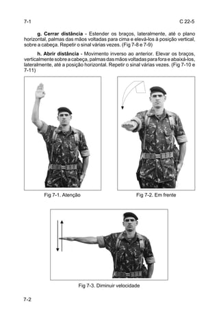 7-1                                                                       C 22-5

      g. Cerrar distância - Estender os braços, lateralmente, até o plano
horizontal, palmas das mãos voltadas para cima e elevá-los à posição vertical,
sobre a cabeça. Repetir o sinal várias vezes. (Fig 7-8 e 7-9)
       h. Abrir distância - Movimento inverso ao anterior. Elevar os braços,
verticalmente sobre a cabeça, palmas das mãos voltadas para fora e abaixá-los,
lateralmente, até a posição horizontal. Repetir o sinal várias vezes. (Fig 7-10 e
7-11)




         Fig 7-1. Atenção                            Fig 7-2. Em frente




                         Fig 7-3. Diminuir velocidade

7-2
 