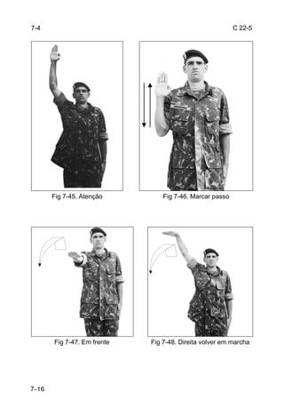 7-4                                                       C 22-5




       Fig 7-45. Atenção         Fig 7-46. Marcar passo




       Fig 7-47. Em frente   Fig 7-48. Direita volver em marcha




7-16
 