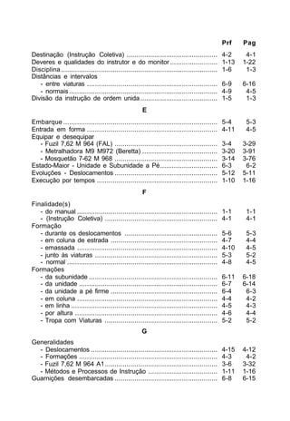 Prf    Pag
Destinação (Instrução Coletiva) ..............................................               4-2     4-1
Deveres e qualidades do instrutor e do monitor ........................                      1-13   1-22
Disciplina ...............................................................................   1-6     1-3
Distâncias e intervalos
   - entre viaturas ..................................................................       6-9    6-16
   - normais ...........................................................................     4-9     4-5
Divisão da instrução de ordem unida .......................................                  1-5     1-3
                                                     E
Embarque ..............................................................................      5-4     5-3
Entrada em forma ..................................................................          4-11    4-5
Equipar e desequipar
   - Fuzil 7,62 M 964 (FAL) ....................................................             3-4    3-29
   - Metralhadora M9 M972 (Beretta) ......................................                   3-20   3-91
   - Mosquetão 7-62 M 968 ....................................................               3-14   3-76
Estado-Maior - Unidade e Subunidade a Pé.............................                        6-3     6-2
Evoluções - Deslocamentos ....................................................               5-12   5-11
Execução por tempos .............................................................            1-10   1-16
                                                     F
Finalidade(s)
   - do manual .......................................................................       1-1     1-1
   - (Instrução Coletiva) .........................................................          4-1     4-1
Formação
   - durante os deslocamentos ...............................................                5-6     5-3
   - em coluna de estrada ......................................................             4-7     4-4
   - emassada .......................................................................        4-10    4-5
   - junto às viaturas ..............................................................        5-3     5-2
   - normal ............................................................................     4-8     4-5
Formações
   - da subunidade .................................................................         6-11   6-18
   - da unidade ......................................................................       6-7    6-14
   - da unidade a pé firme ......................................................            6-4     6-3
   - em coluna .......................................................................       4-4     4-2
   - em linha ..........................................................................     4-5     4-3
   - por altura ........................................................................     4-6     4-4
   - Tropa com Viaturas .........................................................            5-2     5-2
                                                     G
Generalidades
  - Deslocamentos ................................................................           4-15   4-12
  - Formações ......................................................................         4-3     4-2
  - Fuzil 7,62 M 964 A1.........................................................             3-6    3-32
  - Métodos e Processos de Instrução ...................................                     1-11   1-16
Guarnições desembarcadas ....................................................                6-8    6-15
 