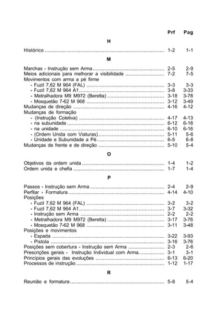 Prf    Pag
                                                    H
Histórico ................................................................................ 1-2      1-1
                                                    M
Marchas - Instrução sem Arma................................................                2-5     2-9
Meios adicionais para melhorar a visibilidade ..........................                    7-2     7-5
Movimentos com arma a pé firme
  - Fuzil 7,62 M 964 (FAL) ....................................................             3-3     3-3
  - Fuzil 7,62 M 964 A1.........................................................            3-8    3-33
  - Metralhadora M9 M972 (Beretta) ......................................                   3-18   3-78
  - Mosquetão 7-62 M 968 ....................................................               3-12   3-49
Mudanças de direção .............................................................           4-16   4-12
Mudanças de formação
  - (Instrução Coletiva) .........................................................          4-17   4-13
  - na subunidade .................................................................         6-12   6-18
  - na unidade ......................................................................       6-10   6-16
  - (Ordem Unida com Viaturas) ............................................                 5-11    5-6
  - Unidade e Subunidade a Pé .............................................                 6-5     6-8
Mudanças de frente e de direção ............................................                5-10    5-4
                                                    O
Objetivos da ordem unida ....................................................... 1-4                1-2
Ordem unida e chefia ............................................................. 1-7              1-4
                                                     P
Passos - Instrução sem Arma..................................................               2-4     2-9
Perfilar - Formatura ................................................................       4-14   4-10
Posições
   - Fuzil 7,62 M 964 (FAL) ....................................................            3-2     3-2
   - Fuzil 7,62 M 964 A1.........................................................           3-7    3-32
   - Instrução sem Arma ........................................................            2-2     2-2
   - Metralhadora M9 M972 (Beretta) ......................................                  3-17   3-76
   - Mosquetão 7-62 M 968 ....................................................              3-11   3-48
Posições e movimentos
   - Espada ...........................................................................     3-22   3-93
   - Pistola ............................................................................   3-16   3-76
Posições sem cobertura - Instrução sem Arma ........................                        2-3     2-6
Prescrições gerais - Instrução Individual com Arma.................                         3-1     3-1
Princípios gerais das evoluções ..............................................              6-13   6-20
Processos de instrução ...........................................................          1-12   1-17
                                                    R
Reunião e formatura ............................................................... 5-8             5-4
 