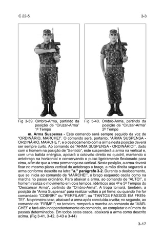 C 22-5                                                                     3-3




Fig 3-39. Ombro-Arma, partindo da Fig 3-40. Ombro-Arma, partindo da
           posição de “Cruzar-Arma”                posição de “Cruzar-Arma”
           1º Tempo                                2º Tempo
       m. Arma Suspensa - Este comando será sempre seguido da voz de
“ORDINÁRIO, MARCHE!”. O comando será, portanto, “ARMA SUSPENSA -
ORDINÁRIO, MARCHE !”, e o deslocamento com a arma nesta posição deverá
ser sempre curto. Ao comando de “ARMA SUSPENSA - ORDINÁRIO!”, dado
com o homem na posição de “Sentido”, este suspenderá a arma na vertical e,
com uma batida enérgica, apoiará o cotovelo direito no quadril, mantendo o
antebraço na horizontal e conservando o pulso ligeiramente flexionado para
cima, a fim de que a arma permaneça na vertical. Nesta posição, a arma deverá
ficar no mesmo plano vertical do antebraço e braço, a mão direita segurará a
arma conforme descrito na letra "a." parágrafo 3-2. Durante o deslocamento,
que se inicia ao comando de “MARCHE!”, o braço esquerdo oscila como na
marcha no passo ordinário. Para abaixar a arma, ao comando de “ALTO!”, o
homem realiza o movimento em dois tempos, idênticos aos 4º e 5º Tempos do
“Descansar Arma”, partindo do “Ombro-Arma”. A tropa tomará, também, a
posição de “Arma Suspensa” para realizar voltas a pé firme; ou quando lhe for
comandado “COBRIR!” ou “PERFILAR!”; ou “TANTOS PASSOS EM FREN-
TE!”. No primeiro caso, abaixará a arma após concluída a volta; no segundo, ao
comando de “FIRME!”; no terceiro, romperá a marcha ao comando de “MAR-
CHE!” e fará alto independentemente do comando, ao completar o número de
passos determinados. Em todos estes casos, abaixará a arma como descrito
acima. (Fig 3-41, 3-42, 3-43 e 3-44)

                                                                         3-17
 