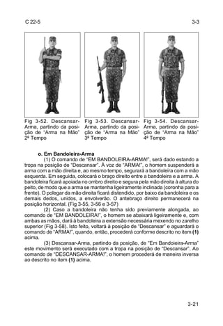 C 22-5                                                                       3-3




Fig 3-52. Descansar-       Fig 3-53. Descansar-        Fig 3-54. Descansar-
Arma, partindo da posi-    Arma, partindo da posi-     Arma, partindo da posi-
ção de “Arma na Mão”       ção de “Arma na Mão”        ção de “Arma na Mão”
2º Tempo                   3º Tempo                    4º Tempo


       o. Em Bandoleira-Arma
          (1) O comando de “EM BANDOLEIRA-ARMA!”, será dado estando a
tropa na posição de “Descansar”. À voz de “ARMA!”, o homem suspenderá a
arma com a mão direita e, ao mesmo tempo, segurará a bandoleira com a mão
esquerda. Em seguida, colocará o braço direito entre a bandoleira e a arma. A
bandoleira ficará apoiada no ombro direito e segura pela mão direita à altura do
peito, de modo que a arma se mantenha ligeiramente inclinada (coronha para a
frente). O polegar da mão direita ficará distendido, por baixo da bandoleira e os
demais dedos, unidos, a envolverão. O antebraço direito permanecerá na
posição horizontal. (Fig 3-55, 3-56 e 3-57)
          (2) Caso a bandoleira não tenha sido previamente alongada, ao
comando de “EM BANDOLEIRA!”, o homem se abaixará ligeiramente e, com
ambas as mãos, dará à bandoleira a extensão necessária mexendo no zarelho
superior (Fig 3-58). Isto feito, voltará à posição de “Descansar” e aguardará o
comando de “ARMA!”, quando, então, procederá conforme descrito no item (1)
acima.
          (3) Descansar-Arma, partindo da posição, de “Em Bandoieira-Arma”
este movimento será executado com a tropa na posição de “Descansar”. Ao
comando de “DESCANSAR-ARMA!”, o homem procederá de maneira inversa
ao descrito no item (1) acima.




                                                                           3-21
 