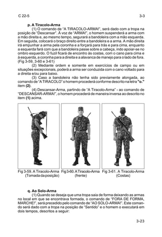 C 22-5                                                                      3-3

       p. A Tiracolo-Arma
          (1) O comando de “A TIRACOLO-ARMA!”, será dado com a tropa na
posição de “Descansar”. À voz de “ARMA!”, o homem suspenderá a arma com
a mão direita e, ao mesmo tempo, segurará a bandoleira com a mão esquerda.
Em seguida, colocará o braço direito entre a bandoleira e a arma. A mão direita
irá empunhar a arma pela coronha e a forçará para trás e para cima, enquanto
a esquerda fará com que a bandoleira passe sobre a cabeça, indo apoiar-se no
ombro esquerdo. O fuzil ficará de encontro às costas, com o cano para cima e
à esquerda, a coronha para a direita e a alavanca de manejo para o lado de fora.
(Fig 3-59, 3-60 e 3-61)
          (2) Mediante ordem e somente em exercícios de campo ou em
situações excepcionais, poderá a arma ser conduzida com o cano voltado para
a direita e/ou para baixo.
          (3) Caso a bandoleira não tenha sido previamente alongada, ao
comando de “A TIRACOLO” o homem procederá conforme descrito na letra "o."
item (2).
          (4) Descansar-Arma, partindo de “A Tiracolo-Arma” - ao comando de
“DESCANSAR-ARMA!”, o homem procederá de maneira inversa ao descrito no
item (1) acima.




Fig 3-59. A Tiracolo-Arma Fig 3-60. A Tiracolo-Arma Fig 3-61. A Tiracolo-Arma
     (Tomada da posição)            (frente)                 (Costas)



      q. Ao Solo-Arma
         (1) Quando se deseja que uma tropa saia de forma deixando as armas
no local em que se encontrava formada, o comando de “FORA DE FORMA,
MARCHE!”, será precedido pelo comando de “AO SOLO-ARMA!”. Este coman-
do será dado com a tropa na posição de “Sentido” e o homem o executará em
dois tempos, descritos a seguir:

                                                                           3-23
 