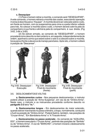 C 22-5                                                                  3-4/3-5

      c. Desequipar
         (1) Para o homem retirar a mochila, o comando será “DESEQUIPAR!”.
A este comando, o homem retirará a mochila das costas, executando operação
inversa à descrita para o “Equipar”. A mochila deverá ser colocada sobre o solo,
em frente ao homem, com os suspensórios para cima e a parte inferior voltada
para trás. Ao colocar a mochila sobre o solo, o homem deverá cobri-la pela do
companheiro à sua frente e alinhá-la pela do companheiro à sua direita. (Fig
3-83, 3-84 e 3-85)
         (2) Se estiver armado, ao comando de “DESEQUIPAR!”, o homem
procederá como descrito no item anterior e, em seguida, independentemente de
ordem, apanhará a arma que estará sobre o solo e a colocará sobre a mochila,
boca para a frente e alavanca de manejo para baixo. Após isto, o homem voltará
à posição de “Descansar”.




Fig 3-83. Desequipar -     Fig 3-84. Desequipar -      Fig 3-85. Desequipar -
      Execução              Final do movimento          Final do movimento
                                   (frente)                    (perfil)
3-5. DESLOCAMENTOS E VOLTAS
     a. Deslocamentos curtos - Nos pequenos deslocamentos, o instrutor
poderá utilizar a posição de “Arma Suspensa”, em vez da de “Ombro-Arma”.
Neste caso, o instrutor e os instruendos procederão conforme descrito no
parágrafo 3-3 letra "m.".
       b. Deslocamentos longos - Em deslocamentos de maior extensão,
quando estiver marchando no passo ordinário, a tropa, normalmente, conduzirá
o fuzil na posição de “Ombro-Arma”. Poderá fazê-lo, também, nas posições de
“Cruzar-Arma”, “Em Bandoleira-Arma” e “A Tiracolo-Arma”.
      c. Deslocamentos no passo acelerado - Ao comando de “ACELERA-
DO!”, o homem executará o “Cruzar-Arma”, partindo das posições de “Sentido”
ou de “Ombro-Arma”. À voz de “MARCHE!”, o homem iniciará o deslocamento
no passo acelerado.

                                                                           3-31
 