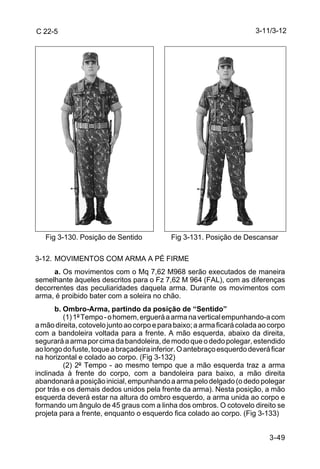C 22-5                                                                  3-11/3-12




   Fig 3-130. Posição de Sentido            Fig 3-131. Posição de Descansar

3-12. MOVIMENTOS COM ARMA A PÉ FIRME
     a. Os movimentos com o Mq 7,62 M968 serão executados de maneira
semelhante àqueles descritos para o Fz 7,62 M 964 (FAL), com as diferenças
decorrentes das peculiaridades daquela arma. Durante os movimentos com
arma, é proibido bater com a soleira no chão.
       b. Ombro-Arma, partindo da posição de “Sentido”
          (1) 1º Tempo - o homem, erguerá a arma na vertical empunhando-a com
a mão direita, cotovelo junto ao corpo e para baixo; a arma ficará colada ao corpo
com a bandoleira voltada para a frente. A mão esquerda, abaixo da direita,
segurará a arma por cima da bandoleira, de modo que o dedo polegar, estendido
ao longo do fuste, toque a braçadeira inferior. O antebraço esquerdo deverá ficar
na horizontal e colado ao corpo. (Fig 3-132)
          (2) 2º Tempo - ao mesmo tempo que a mão esquerda traz a arma
inclinada à frente do corpo, com a bandoleira para baixo, a mão direita
abandonará a posição inicial, empunhando a arma pelo delgado (o dedo polegar
por trás e os demais dedos unidos pela frente da arma). Nesta posição, a mão
esquerda deverá estar na altura do ombro esquerdo, a arma unida ao corpo e
formando um ângulo de 45 graus com a linha dos ombros. O cotovelo direito se
projeta para a frente, enquanto o esquerdo fica colado ao corpo. (Fig 3-133)


                                                                            3-49
 