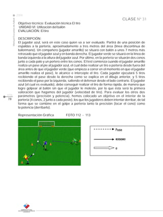 CLASE
ManualEscuelasdefútbol
2008
pág.
78
Nº 31
Objetivo técnico: Evaluación técnica El tiro
UNIDAD VI: Utilización del balón
EVALUACIÓN: El tiro
DESCRIPCIÓN:
El jugador azul, será en este caso quien va a ser evaluado. Partirá de una posición de
espaldas a la portería, aproximadamente a tres metros del área (línea discontinua de
balonmano). Un compañero (jugador amarillo) se situará con balón a unos 7 metros más
retrasado que el jugador azul y en banda derecha. El jugador verde se situará en la línea de
banda izquierda a la altura del jugador azul. Por último, en la portería se situarán dos conos
junto a cada palo y un portero entre los conos. El test comienza cuando el jugador amarillo
realiza un pase al pie al jugador azul, el cual debe realizar un tiro a portería desde fuera del
área antes de que el jugador verde (que empieza a correr en el momento en que el jugador
amarillo realiza el pase), le alcance e intercepte el tiro. Cada jugador ejecutará 5 tiros
recibiendo el pase desde la derecha como se explica en el dibujo anterior, y 5 tiros
recibiendo el pase por la izquierda, saliendo el defensor desde el lado contrario. El jugador
azul (el cual es evaluado), debe conseguir realizar el tiro de forma rápida, de manera que
logre golpear al balón sin que el jugador le moleste, por lo que ésta será la primera
valoración que hagamos del jugador (velocidad de tiro). Para evaluar los otros dos
parámetros (precisión y potencia), hemos colocado un objetivo en el interior de la
portería (4 conos, 2 junto a cada poste), los que los jugadores deben intentar derribar, de tal
forma que se combine en el golpe a portería tanto la precisión (tocar el cono) como
la potencia (derribarlo).
Representación Gráfica FOTO 112 - 113
ÿþýü
üýþþü
 