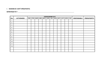 I.   DIAGRAMA DE GANTT (PRESUPUESTO)

ESTRATEGIA FO 1.’ ______________________________________________________________________________________


                                                        CRONOGRAMA 2011
       Nro      ACTIVIDADES      ENE   FEB   MAR ABR   MAY JUN JUL AGO         SET   OCT NOV    DIC    RESPONSABLE   PRESUPUESTO
        1
        2
        3
        4
        5
        6
        7
        8
        9
        10
        11
        12
 